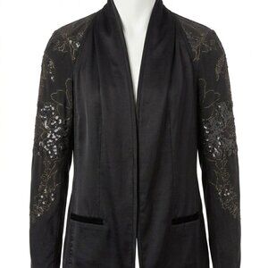 Pure DKNY Black Silk Open-Front Jacket – Sequined Sleeves & Gold Flowers